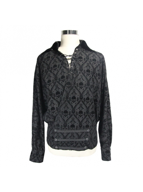 Gothic Style Personalized 3D Weaving With Skull Print Flocking Fabric With Tie Collar Black Long Sleeved Shirt