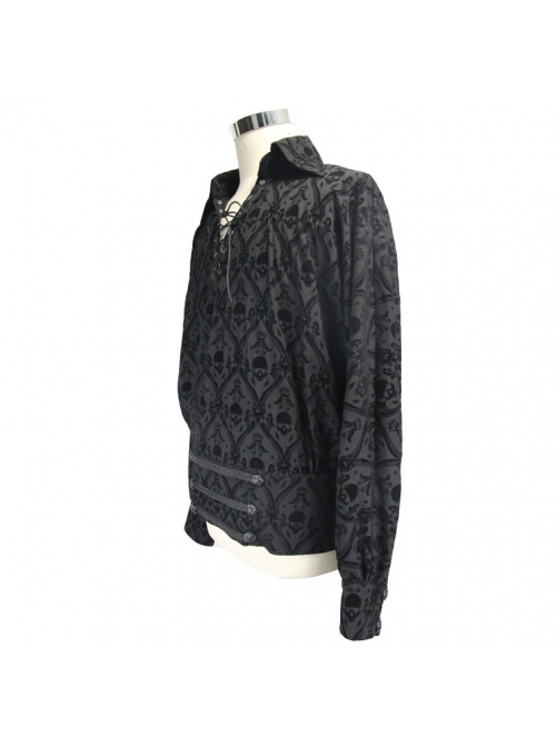 Gothic Style Personalized 3D Weaving With Skull Print Flocking Fabric With Tie Collar Black Long Sleeved Shirt