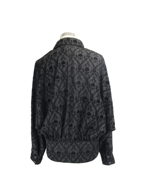 Gothic Style Personalized 3D Weaving With Skull Print Flocking Fabric With Tie Collar Black Long Sleeved Shirt