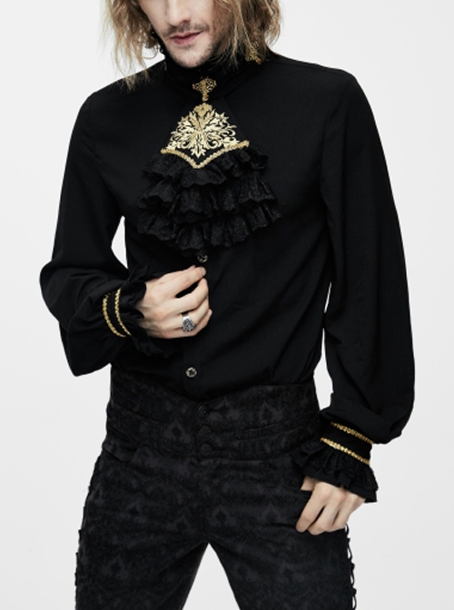 Gothic Style Simple Chiffon Fabric With Detachable Gold Embroidered Lace Mock Collar Black Ruffle Long Sleeve Shirt