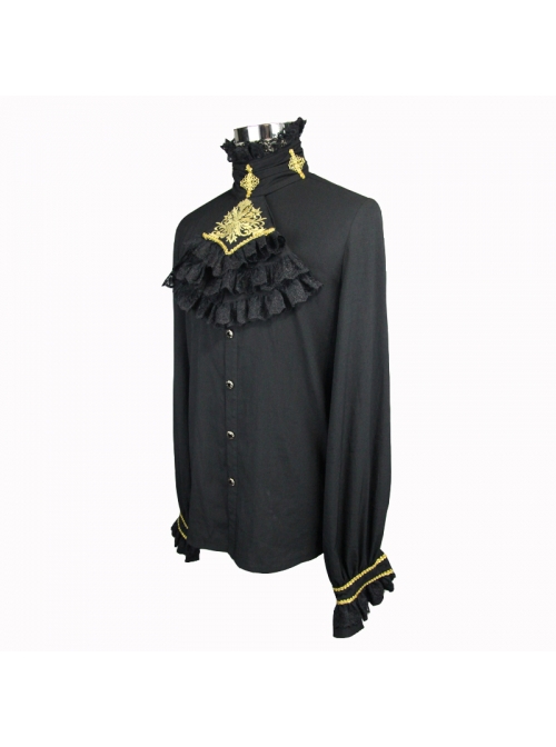 Gothic Style Simple Chiffon Fabric With Detachable Gold Embroidered Lace Mock Collar Black Ruffle Long Sleeve Shirt