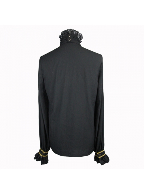 Gothic Style Simple Chiffon Fabric With Detachable Gold Embroidered Lace Mock Collar Black Ruffle Long Sleeve Shirt