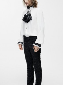 Gothic Style Simple Chiffon Fabric With Detachable Black Embroidered Lace Mock Collar White Ruffle Long Sleeve Shirt