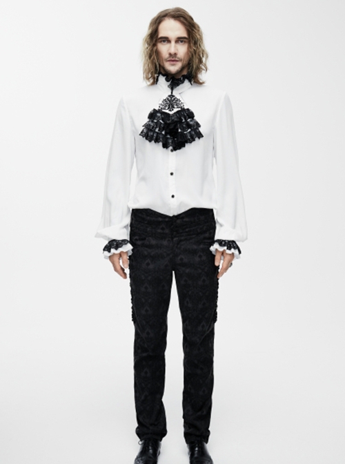 Gothic Style Simple Chiffon Fabric With Detachable Black Embroidered Lace Mock Collar White Ruffle Long Sleeve Shirt