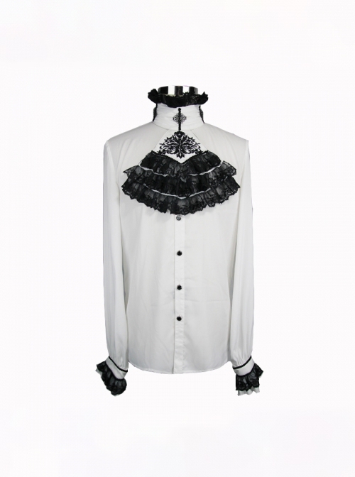 Gothic Style Simple Chiffon Fabric With Detachable Black Embroidered Lace Mock Collar White Ruffle Long Sleeve Shirt