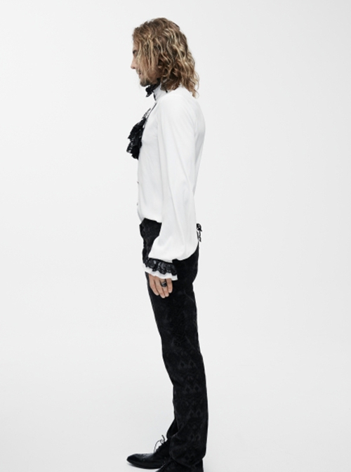 Gothic Style Simple Chiffon Fabric With Detachable Black Embroidered Lace Mock Collar White Ruffle Long Sleeve Shirt