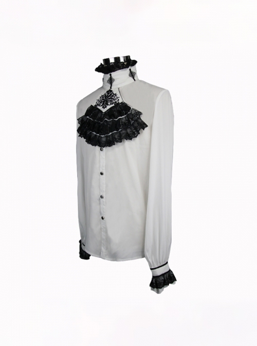 Gothic Style Simple Chiffon Fabric With Detachable Black Embroidered Lace Mock Collar White Ruffle Long Sleeve Shirt