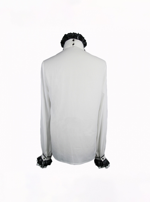 Gothic Style Simple Chiffon Fabric With Detachable Black Embroidered Lace Mock Collar White Ruffle Long Sleeve Shirt