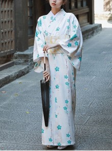 Japanese Style God Girl Green Chrysanthemum Sakura Print Cool Summer Elegant Bathrobe Kawaii Fashion Improved Kimono