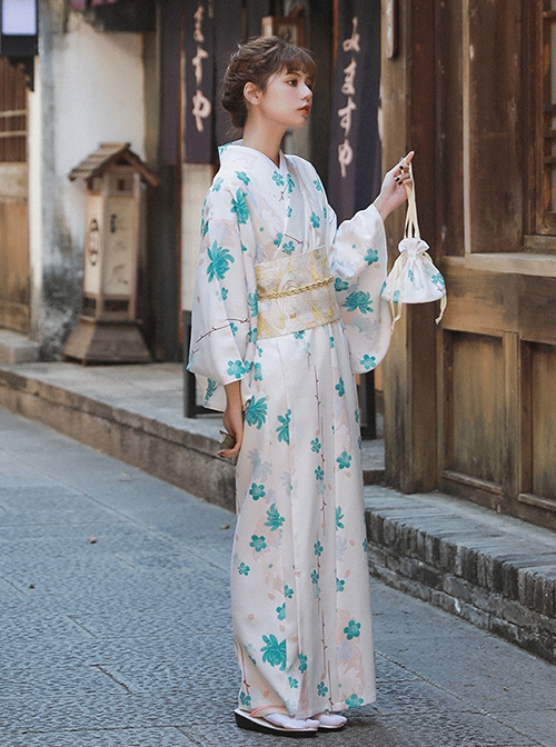 Japanese Style God Girl Green Chrysanthemum Sakura Print Cool Summer Elegant Bathrobe Kawaii Fashion Improved Kimono