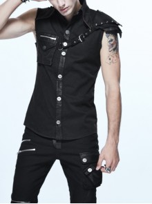 Punk Style Wild Twill Shoulders With Heat Sealed Backing Fabric Shoulder Pads Black Sleeveless Button Up Shirt