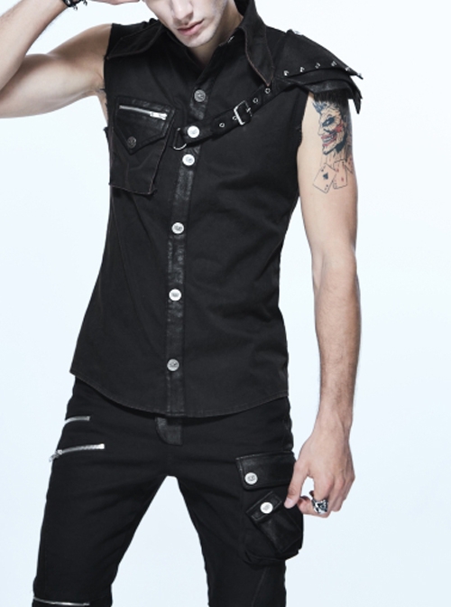 Punk Style Wild Twill Shoulders With Heat Sealed Backing Fabric Shoulder Pads Black Sleeveless Button Up Shirt