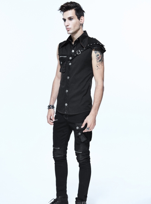 Punk Style Wild Twill Shoulders With Heat Sealed Backing Fabric Shoulder Pads Black Sleeveless Button Up Shirt