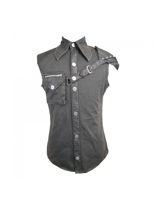 Punk Style Wild Twill Shoulders With Heat Sealed Backing Fabric Shoulder Pads Black Sleeveless Button Up Shirt