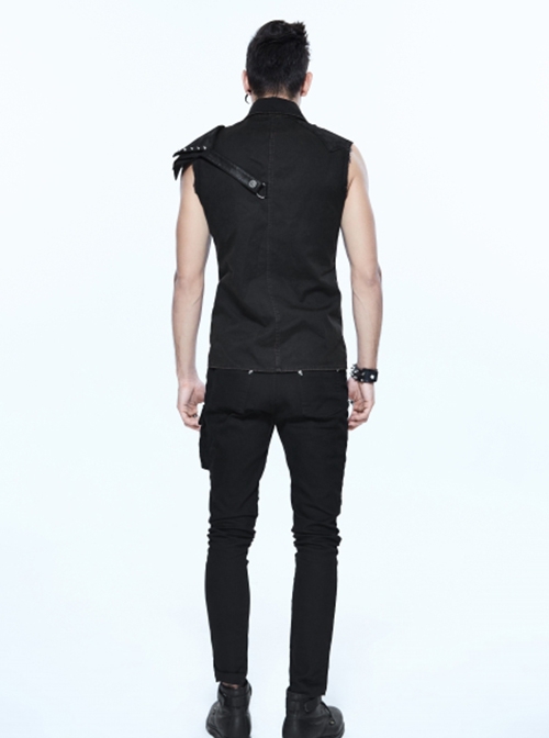 Punk Style Wild Twill Shoulders With Heat Sealed Backing Fabric Shoulder Pads Black Sleeveless Button Up Shirt