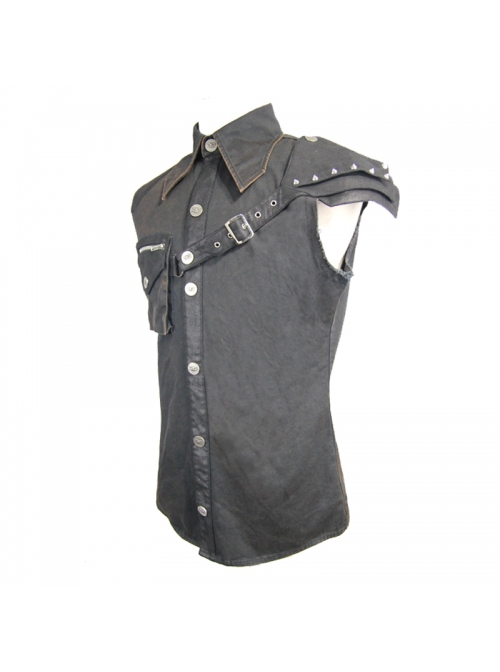 Punk Style Wild Twill Shoulders With Heat Sealed Backing Fabric Shoulder Pads Black Sleeveless Button Up Shirt