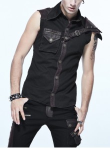 Punk Style Wild Twill Shoulders With Heat Sealed Backing Fabric Shoulder Pads Black And Brown Sleeveless Button Up Shirt