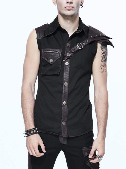 Punk Style Wild Twill Shoulders With Heat Sealed Backing Fabric Shoulder Pads Black And Brown Sleeveless Button Up Shirt