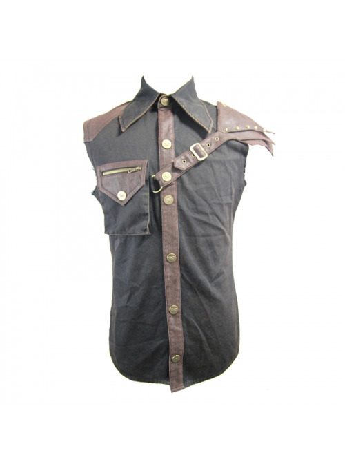 Punk Style Wild Twill Shoulders With Heat Sealed Backing Fabric Shoulder Pads Black And Brown Sleeveless Button Up Shirt