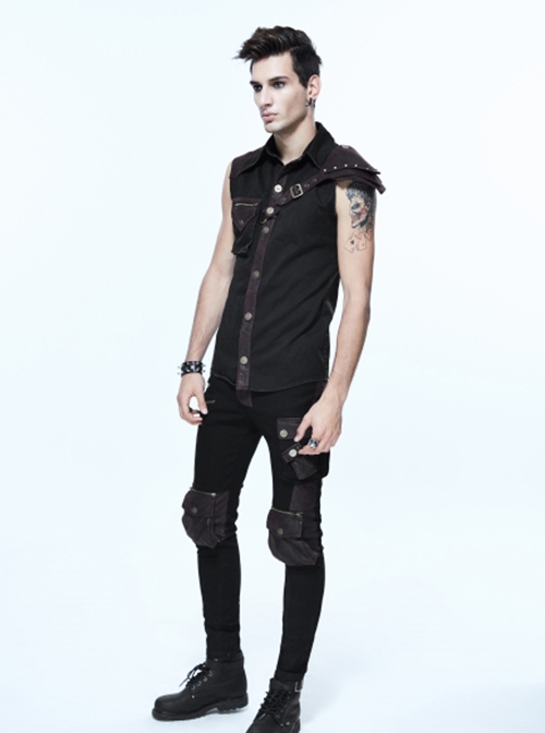 Punk Style Wild Twill Shoulders With Heat Sealed Backing Fabric Shoulder Pads Black And Brown Sleeveless Button Up Shirt