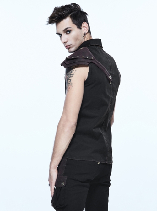 Punk Style Wild Twill Shoulders With Heat Sealed Backing Fabric Shoulder Pads Black And Brown Sleeveless Button Up Shirt