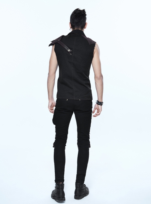 Punk Style Wild Twill Shoulders With Heat Sealed Backing Fabric Shoulder Pads Black And Brown Sleeveless Button Up Shirt