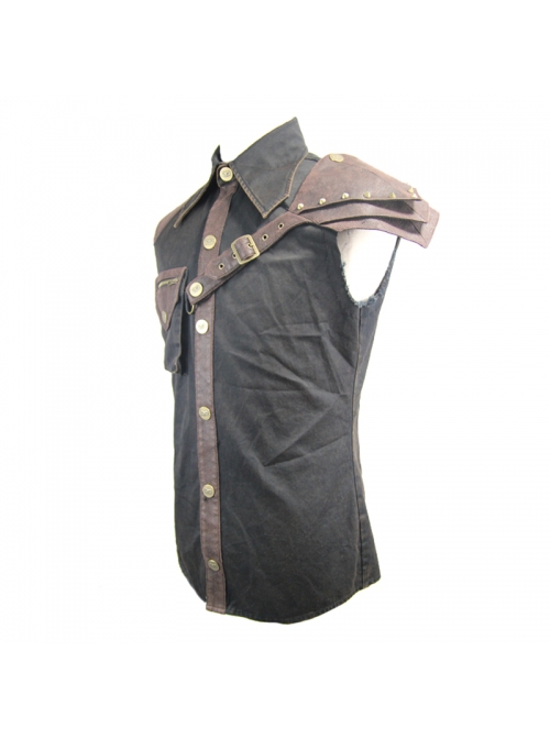 Punk Style Wild Twill Shoulders With Heat Sealed Backing Fabric Shoulder Pads Black And Brown Sleeveless Button Up Shirt