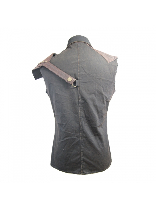 Punk Style Wild Twill Shoulders With Heat Sealed Backing Fabric Shoulder Pads Black And Brown Sleeveless Button Up Shirt