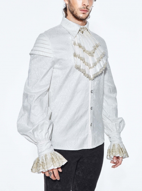 Gothic Style Exquisite Jacquard Fabric Gold Lace On The Front Cuffs White Lapel Pleated Long Sleeve Shirt
