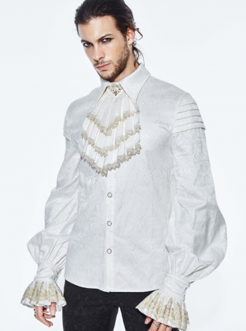 Gothic Style Exquisite Jacquard Fabric Gold Lace On The Front Cuffs White Lapel Pleated Long Sleeve Shirt