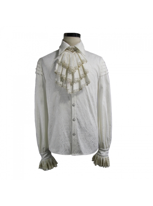 Gothic Style Exquisite Jacquard Fabric Gold Lace On The Front Cuffs White Lapel Pleated Long Sleeve Shirt