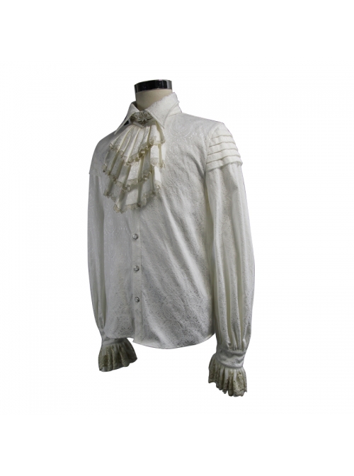 Gothic Style Exquisite Jacquard Fabric Gold Lace On The Front Cuffs White Lapel Pleated Long Sleeve Shirt