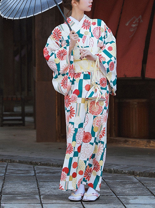 Gorgeous Chrysanthemum Sakura Blocks Print Japanese Style Elegant Bathrobe Kawaii Fashion Improved Kimono