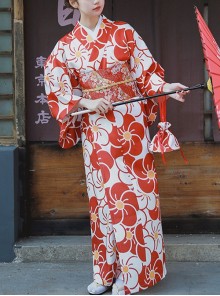 Gorgeous Classic Elegant Red Big Sakura Print Japanese Style Bathrobe Kawaii Fashion Improved Kimono