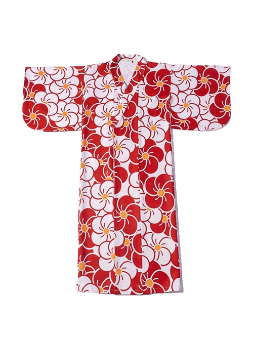 Gorgeous Classic Elegant Red Big Sakura Print Japanese Style Bathrobe Kawaii Fashion Improved Kimono