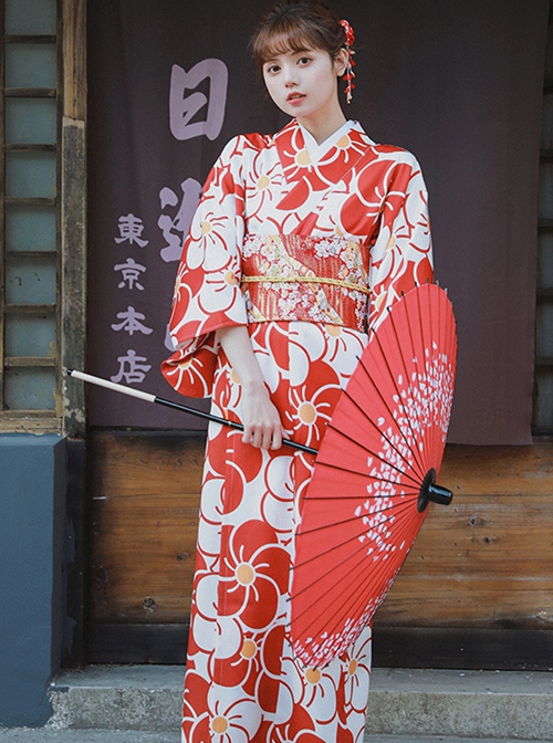 Gorgeous Classic Elegant Red Big Sakura Print Japanese Style Bathrobe Kawaii Fashion Improved Kimono