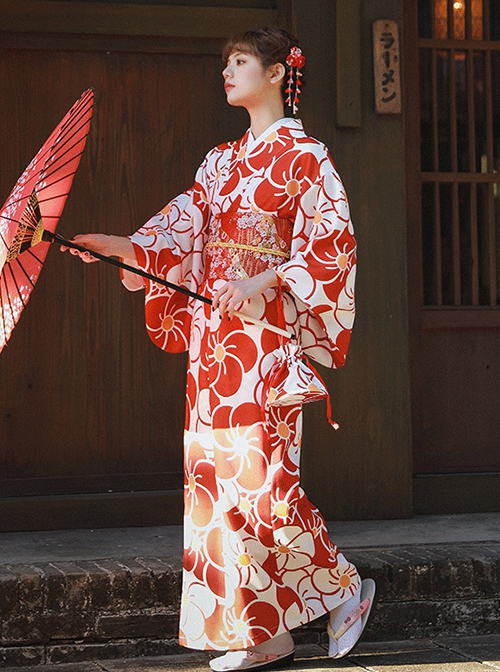 Gorgeous Classic Elegant Red Big Sakura Print Japanese Style Bathrobe Kawaii Fashion Improved Kimono