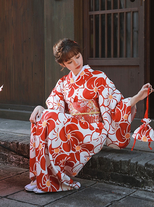 Gorgeous Classic Elegant Red Big Sakura Print Japanese Style Bathrobe Kawaii Fashion Improved Kimono