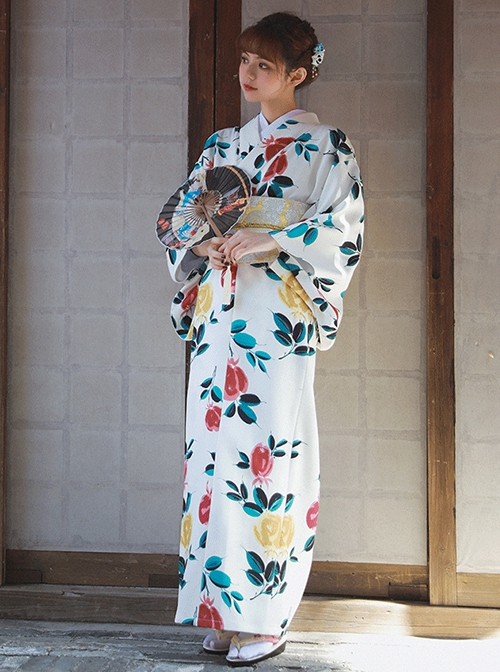 Japanese Style Elegant Gorgeous Classical Flowers Botanical Print Bathrobe Kawaii Fashion Improved Kimono