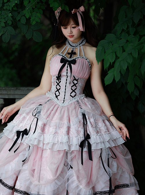 Cross Girl Series Off Shoulder High Waist Elegant Ballet Bowknot Ruffles Sweet Lolita Halter Neck Dress