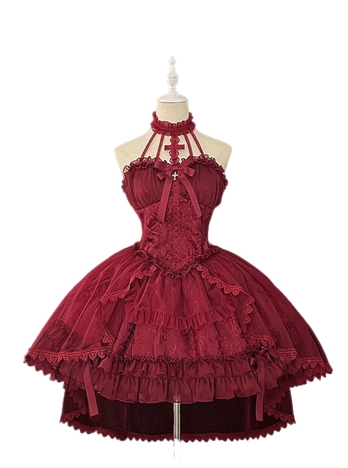 Cross Girl Series Off Shoulder High Waist Elegant Ballet Bowknot Ruffles Sweet Lolita Halter Neck Dress