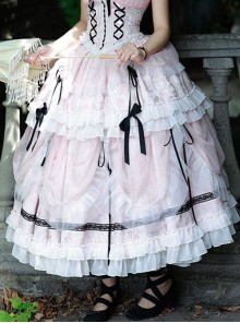 Dreamlike Ballet Princess Style Ornate Pleated Lace Trim Ribbon Bowknot Sweet Lolita Chiffon Petticoat Extension Skirt