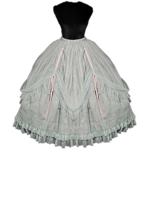 Dreamlike Ballet Princess Style Ornate Pleated Lace Trim Ribbon Bowknot Sweet Lolita Chiffon Petticoat Extension Skirt