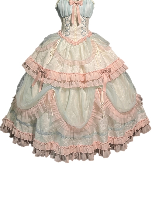 Dreamlike Ballet Princess Style Ornate Pleated Lace Trim Ribbon Bowknot Sweet Lolita Chiffon Petticoat Extension Skirt