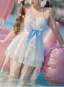 Mermaid Princess Series Kawaii Fashion White Halter Neck Suspender Shell Tube Top Bowknot One-Piece Swimsuit