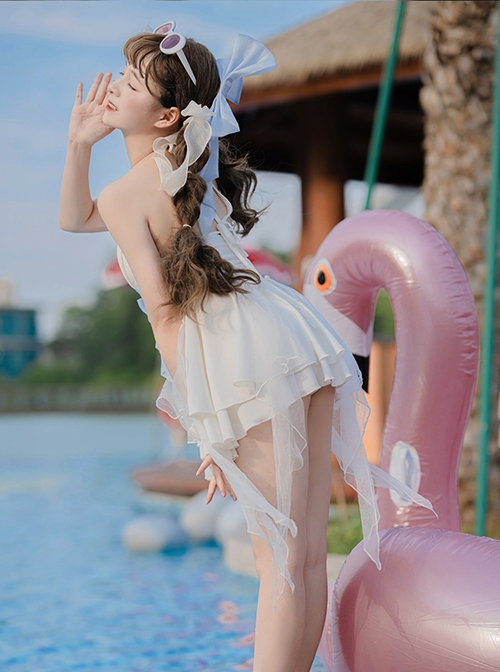 Mermaid Princess Series Kawaii Fashion White Halter Neck Suspender Shell Tube Top Bowknot One-Piece Swimsuit