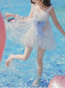 Mermaid Princess Series Kawaii Fashion White Halter Neck Suspender Sweet Tulle Skirt Bowknot Two-Piece Swimsuit