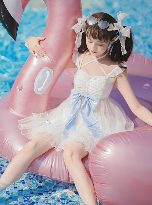 Mermaid Princess Series Kawaii Fashion White Halter Neck Suspender Sweet Tulle Skirt Bowknot Two-Piece Swimsuit