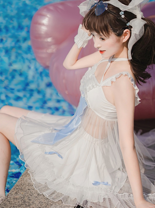 Mermaid Princess Series Kawaii Fashion White Halter Neck Suspender Sweet Tulle Skirt Bowknot Two-Piece Swimsuit