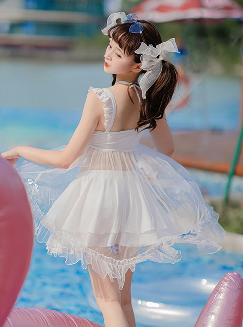 Mermaid Princess Series Kawaii Fashion White Halter Neck Suspender Sweet Tulle Skirt Bowknot Two-Piece Swimsuit